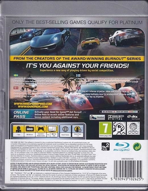  Need For Speed Hot Pursuit - Platinum - PS3 (B Grade) (Genbrug)